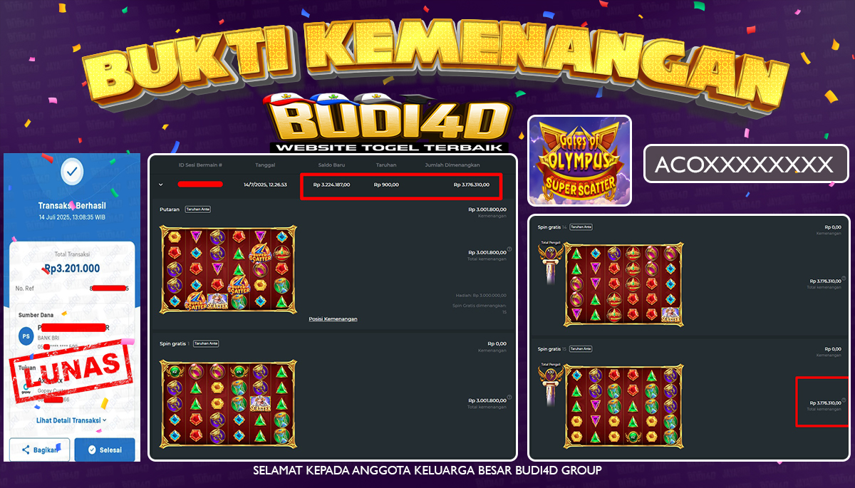 BUDI4D JACKPOT SLOT PRAGMATIC GATES OF OLYMPUS SUPER SCATTER Rp.3.201.000,- LUNAS